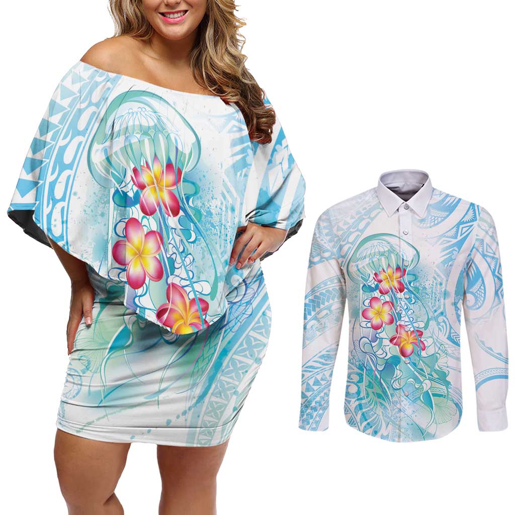 Sea Blue Polynesian Jellyfish Couples Matching Off Shoulder Short Dress and Long Sleeve Button Shirt Watercolor Glows - Polynesian Pride