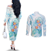 Sea Blue Polynesian Jellyfish Couples Matching Off The Shoulder Long Sleeve Dress and Long Sleeve Button Shirt Watercolor Glows - Polynesian Pride