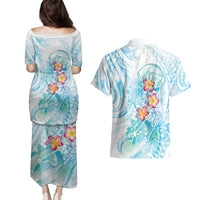 Sea Blue Polynesian Jellyfish Couples Matching Puletasi and Hawaiian Shirt Watercolor Glows - Polynesian Pride