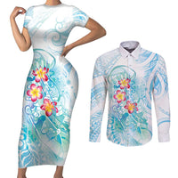 Sea Blue Polynesian Jellyfish Couples Matching Short Sleeve Bodycon Dress and Long Sleeve Button Shirt Watercolor Glows - Polynesian Pride