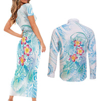 Sea Blue Polynesian Jellyfish Couples Matching Short Sleeve Bodycon Dress and Long Sleeve Button Shirt Watercolor Glows - Polynesian Pride