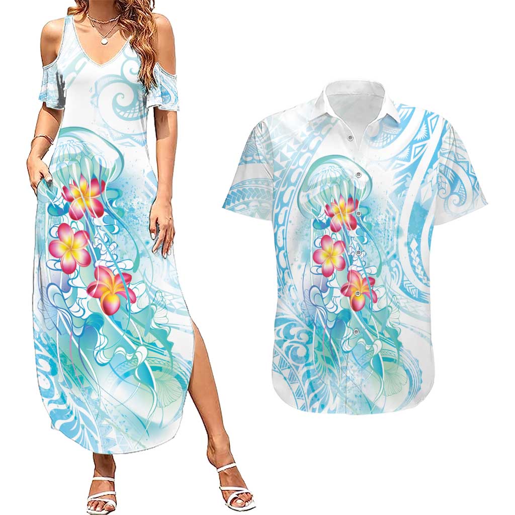 Sea Blue Polynesian Jellyfish Couples Matching Summer Maxi Dress and Hawaiian Shirt Watercolor Glows - Polynesian Pride
