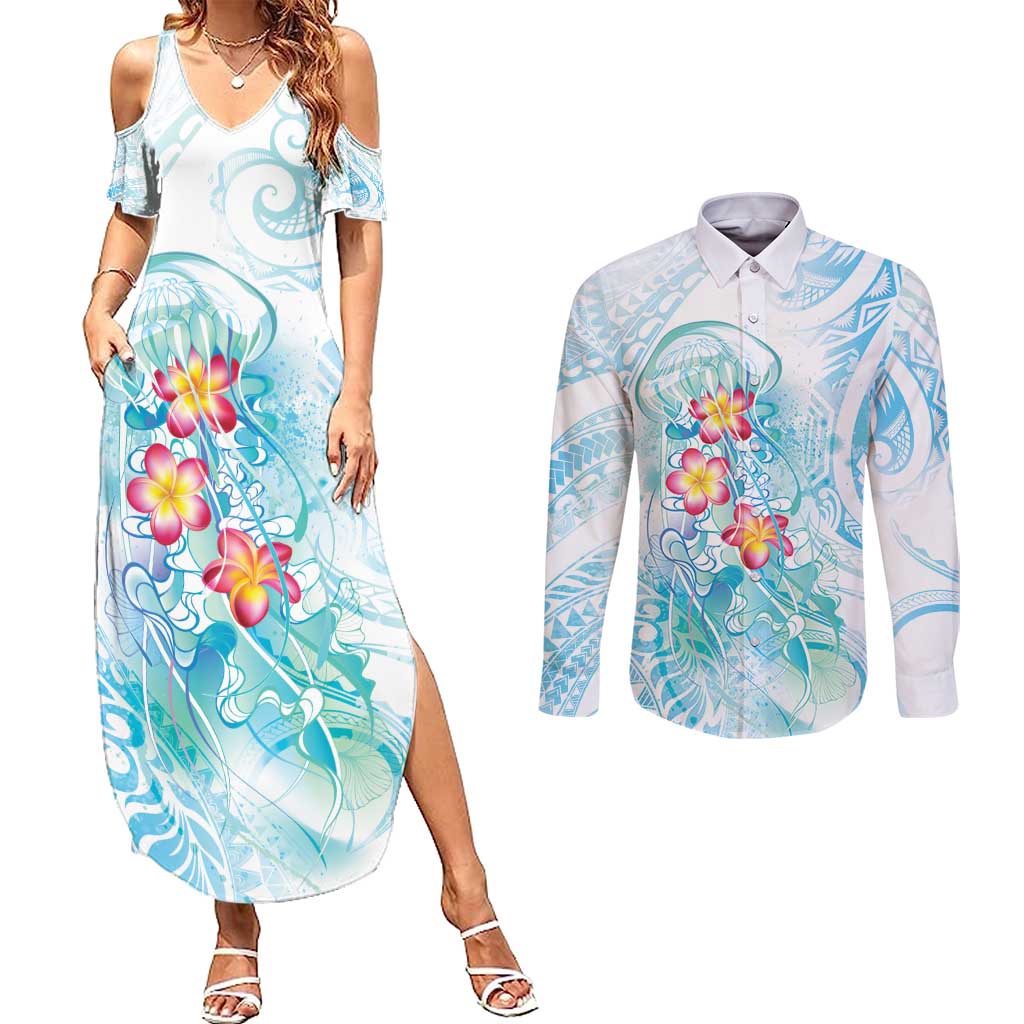 Sea Blue Polynesian Jellyfish Couples Matching Summer Maxi Dress and Long Sleeve Button Shirt Watercolor Glows - Polynesian Pride