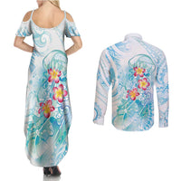 Sea Blue Polynesian Jellyfish Couples Matching Summer Maxi Dress and Long Sleeve Button Shirt Watercolor Glows - Polynesian Pride