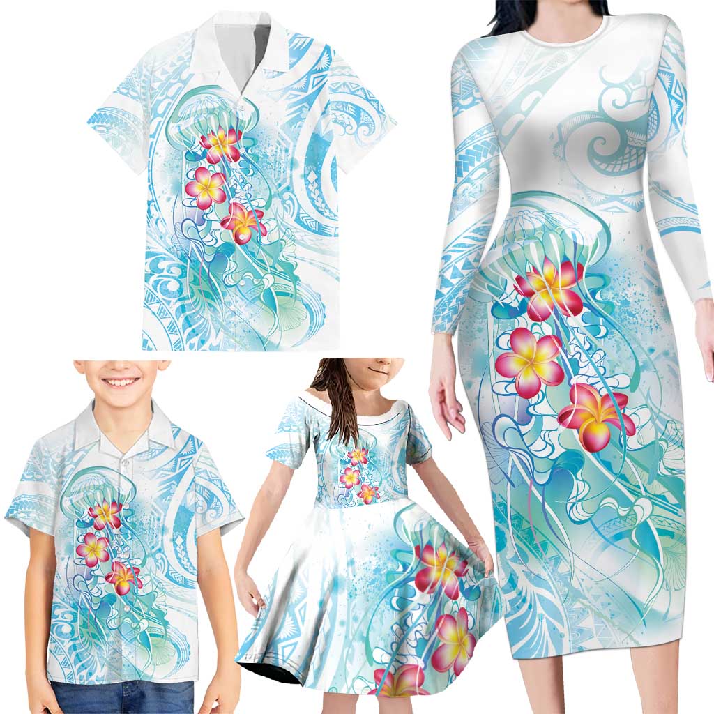 Sea Blue Polynesian Jellyfish Family Matching Long Sleeve Bodycon Dress and Hawaiian Shirt Watercolor Glows LT7 - Polynesian Pride