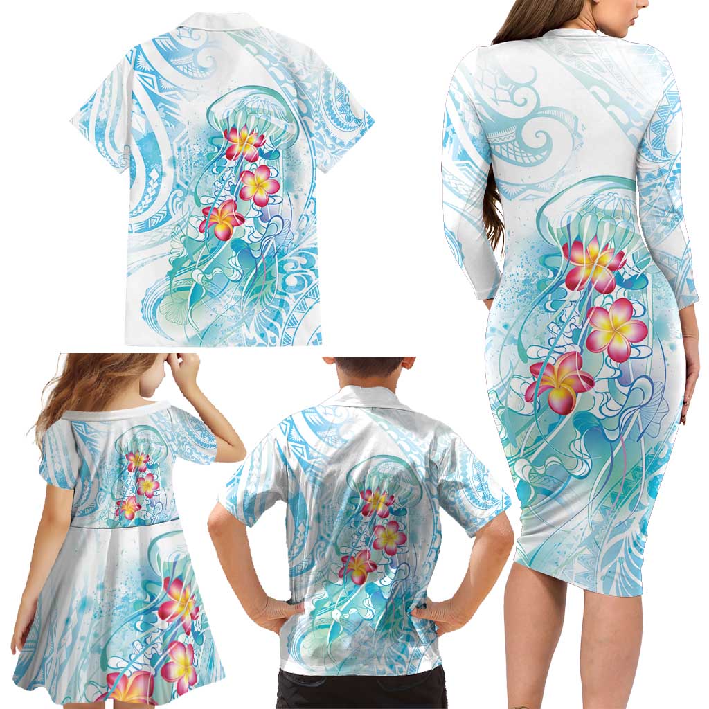 Sea Blue Polynesian Jellyfish Family Matching Long Sleeve Bodycon Dress and Hawaiian Shirt Watercolor Glows LT7 - Polynesian Pride