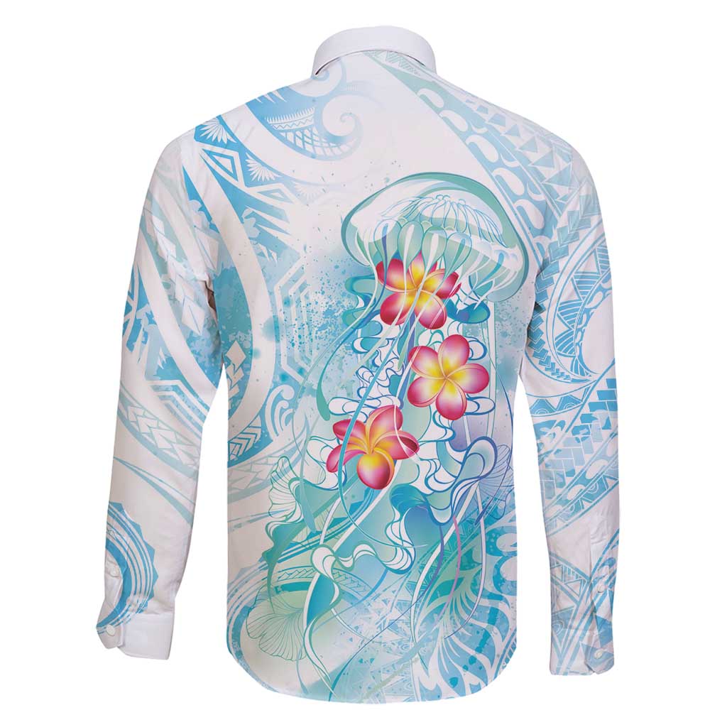 Sea Blue Polynesian Jellyfish Family Matching Long Sleeve Bodycon Dress and Hawaiian Shirt Watercolor Glows LT7 - Polynesian Pride