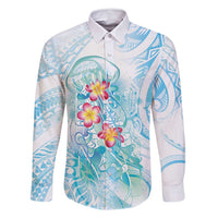Sea Blue Polynesian Jellyfish Family Matching Mermaid Dress and Hawaiian Shirt Watercolor Glows LT7 Dad's Shirt - Long Sleeve Light Blue - Polynesian Pride