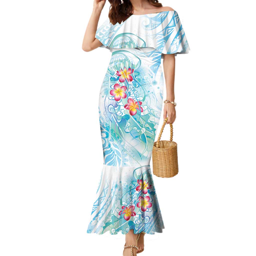 Sea Blue Polynesian Jellyfish Family Matching Mermaid Dress and Hawaiian Shirt Watercolor Glows LT7 Mom's Dress Light Blue - Polynesian Pride