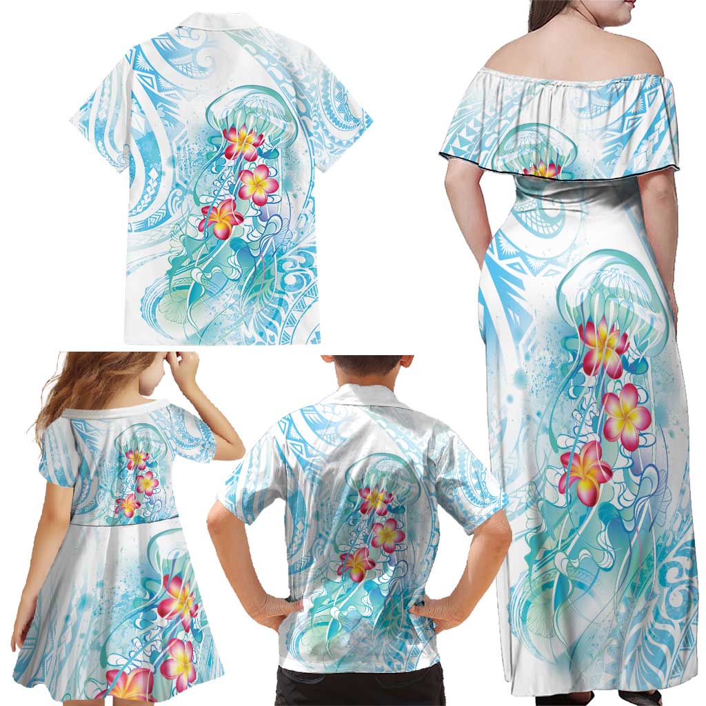 Sea Blue Polynesian Jellyfish Family Matching Off Shoulder Maxi Dress and Hawaiian Shirt Watercolor Glows - Polynesian Pride