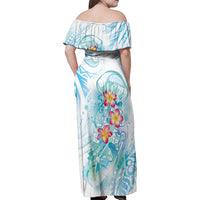Sea Blue Polynesian Jellyfish Family Matching Off Shoulder Maxi Dress and Hawaiian Shirt Watercolor Glows - Polynesian Pride