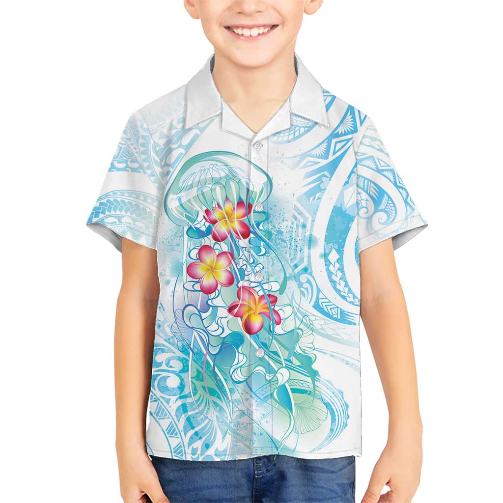 Sea Blue Polynesian Jellyfish Family Matching Off Shoulder Short Dress and Hawaiian Shirt Watercolor Glows - Polynesian Pride