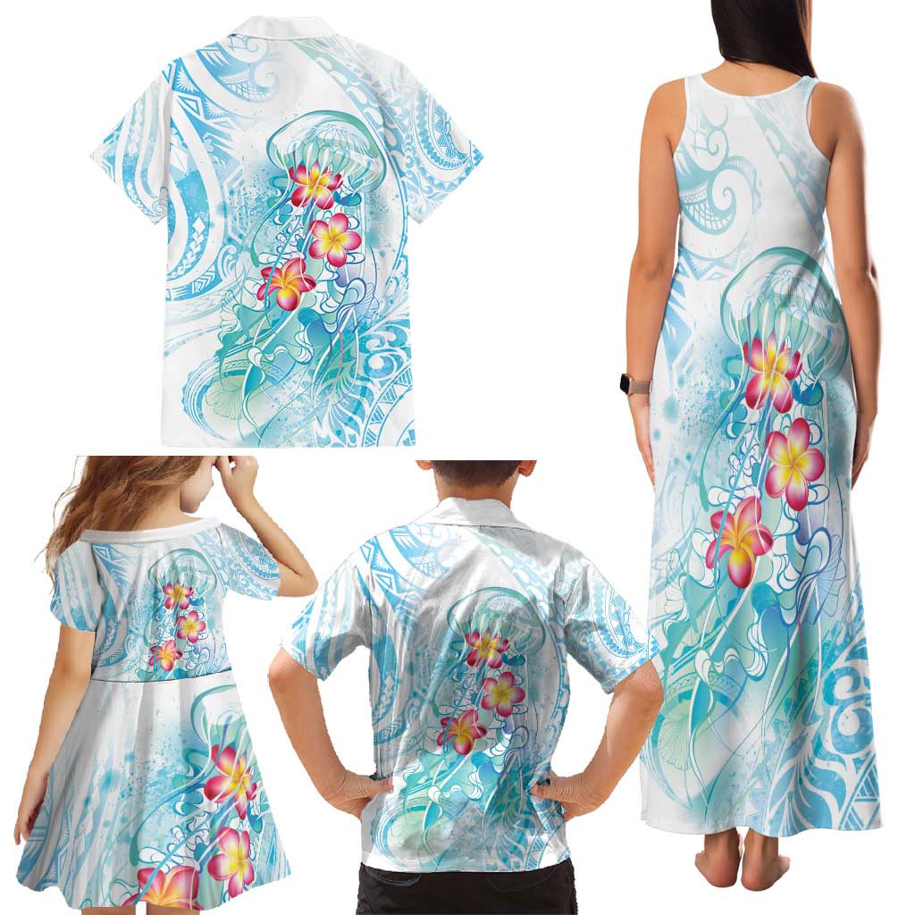 Sea Blue Polynesian Jellyfish Family Matching Tank Maxi Dress and Hawaiian Shirt Watercolor Glows - Polynesian Pride