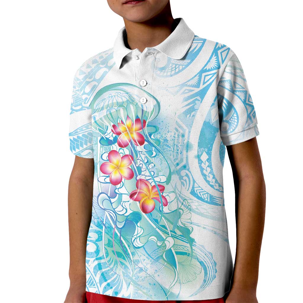 Sea Blue Polynesian Jellyfish Kid Polo Shirt Watercolor Glows - Polynesian Pride