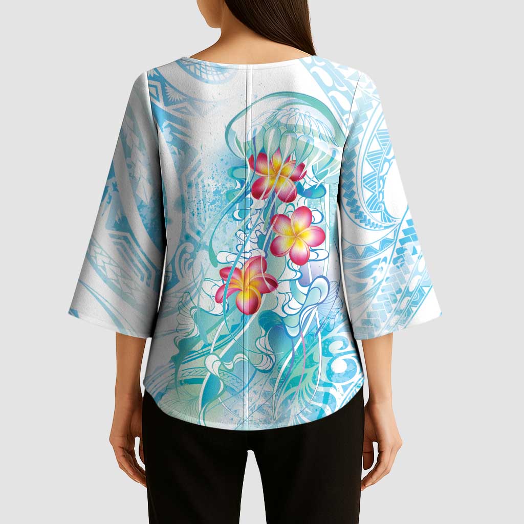 Sea Blue Polynesian Jellyfish Kimono Sleeve Blouse Watercolor Glows - Polynesian Pride