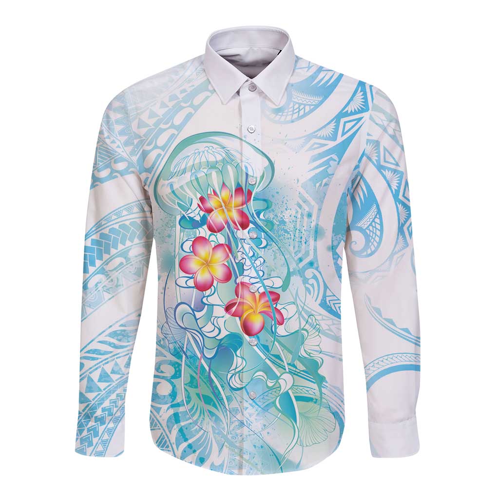 Sea Blue Polynesian Jellyfish Long Sleeve Button Shirt Watercolor Glows - Polynesian Pride