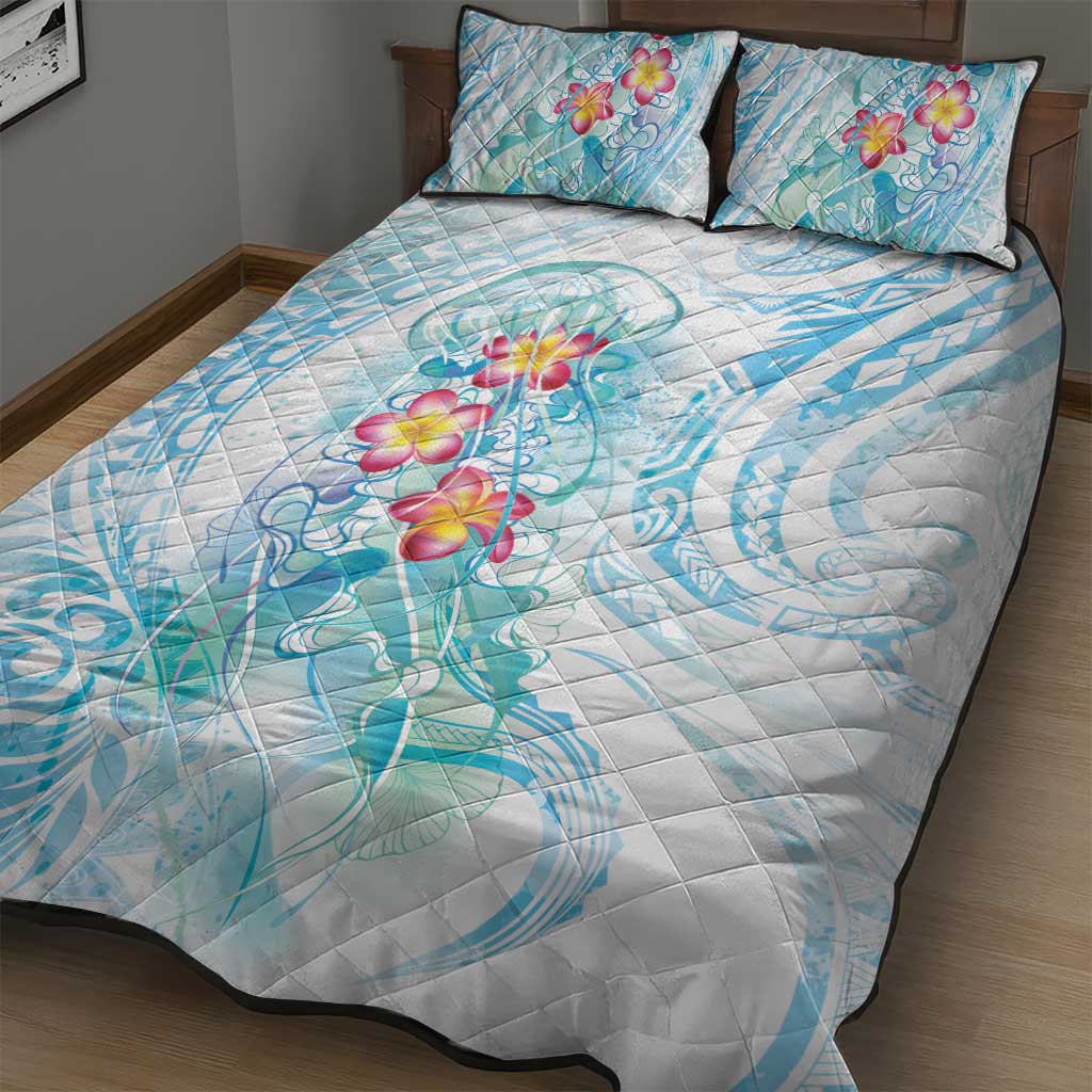 Sea Blue Polynesian Jellyfish Quilt Bed Set Watercolor Glows - Polynesian Pride