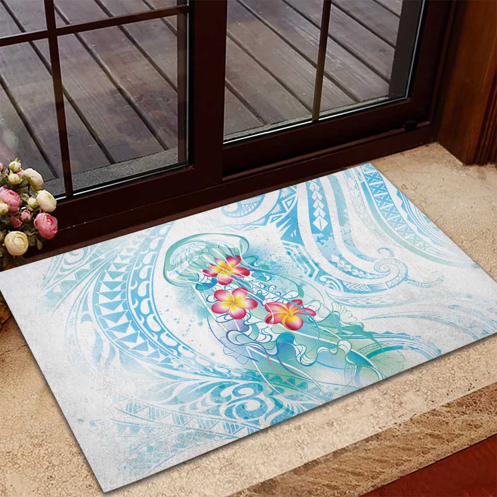 Sea Blue Polynesian Jellyfish Rubber Doormat Watercolor Glows - Polynesian Pride