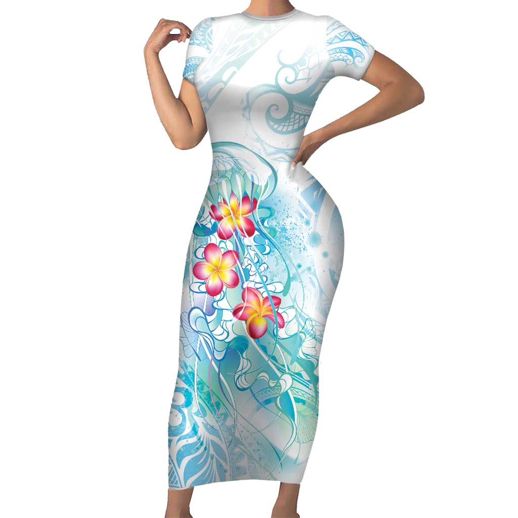 Sea Blue Polynesian Jellyfish Short Sleeve Bodycon Dress Watercolor Glows - Polynesian Pride