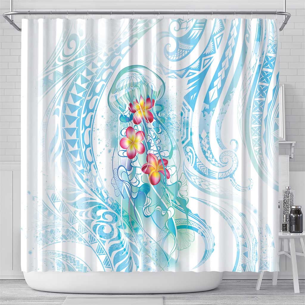 Sea Blue Polynesian Jellyfish Shower Curtain Watercolor Glows - Polynesian Pride