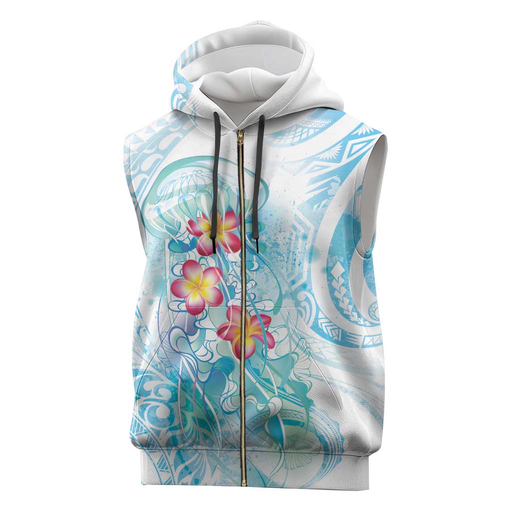 Sea Blue Polynesian Jellyfish Sleeveless Zip Hoodie Watercolor Glows - Polynesian Pride