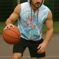 Sea Blue Polynesian Jellyfish Sleeveless Zip Hoodie Watercolor Glows - Polynesian Pride