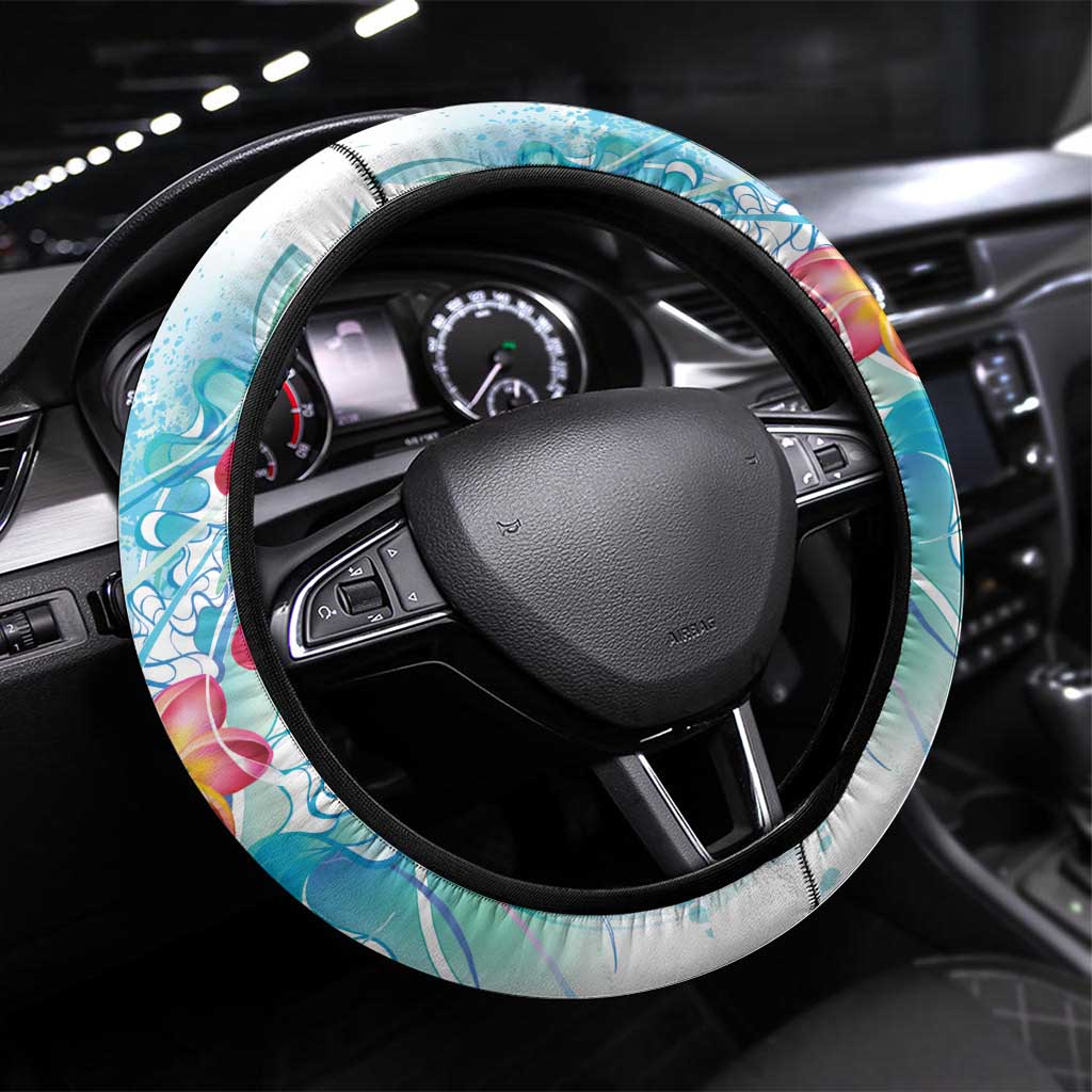 Sea Blue Polynesian Jellyfish Steering Wheel Cover Watercolor Glows - Polynesian Pride