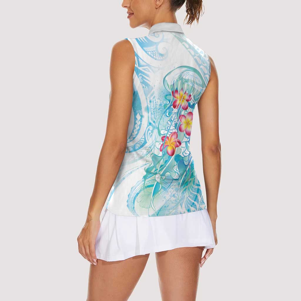 Sea Blue Polynesian Jellyfish Women Sleeveless Polo Shirt Watercolor Glows - Polynesian Pride