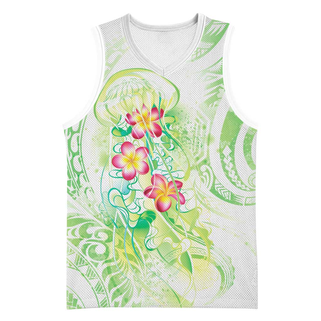 Summer Green Polynesian Jellyfish Basketball Jersey Watercolor Glows - Polynesian Pride