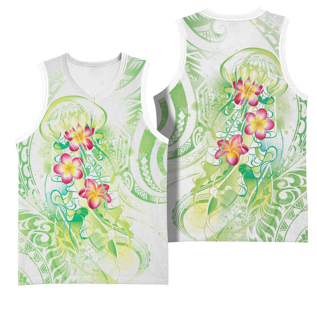 Summer Green Polynesian Jellyfish Basketball Jersey Watercolor Glows - Polynesian Pride