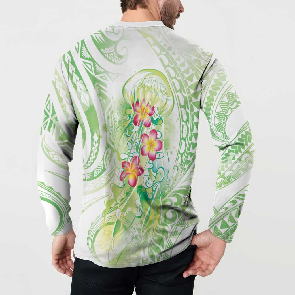 Summer Green Polynesian Jellyfish Button Sweatshirt Watercolor Glows - Polynesian Pride