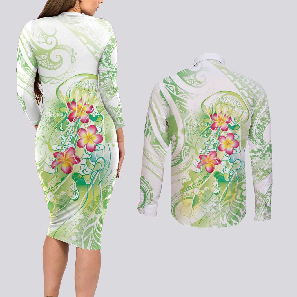 Summer Green Polynesian Jellyfish Couples Matching Long Sleeve Bodycon Dress and Long Sleeve Button Shirt Watercolor Glows - Polynesian Pride