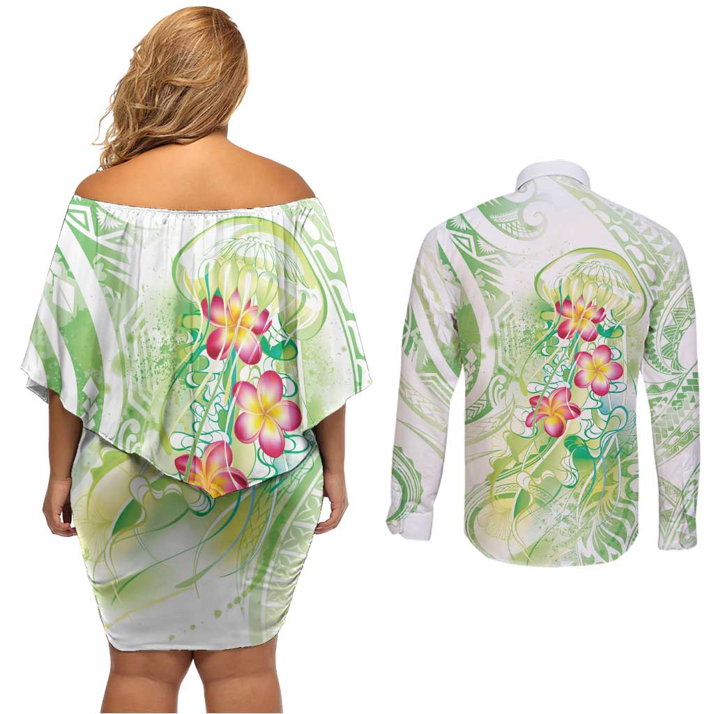 Summer Green Polynesian Jellyfish Couples Matching Off Shoulder Short Dress and Long Sleeve Button Shirt Watercolor Glows - Polynesian Pride