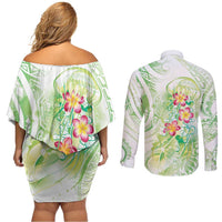 Summer Green Polynesian Jellyfish Couples Matching Off Shoulder Short Dress and Long Sleeve Button Shirt Watercolor Glows - Polynesian Pride