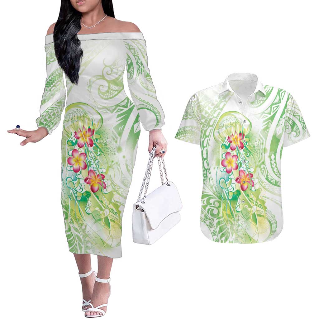 Summer Green Polynesian Jellyfish Couples Matching Off The Shoulder Long Sleeve Dress and Hawaiian Shirt Watercolor Glows - Polynesian Pride