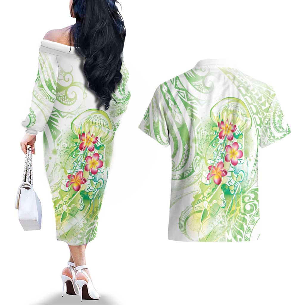 Summer Green Polynesian Jellyfish Couples Matching Off The Shoulder Long Sleeve Dress and Hawaiian Shirt Watercolor Glows - Polynesian Pride