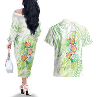 Summer Green Polynesian Jellyfish Couples Matching Off The Shoulder Long Sleeve Dress and Hawaiian Shirt Watercolor Glows - Polynesian Pride