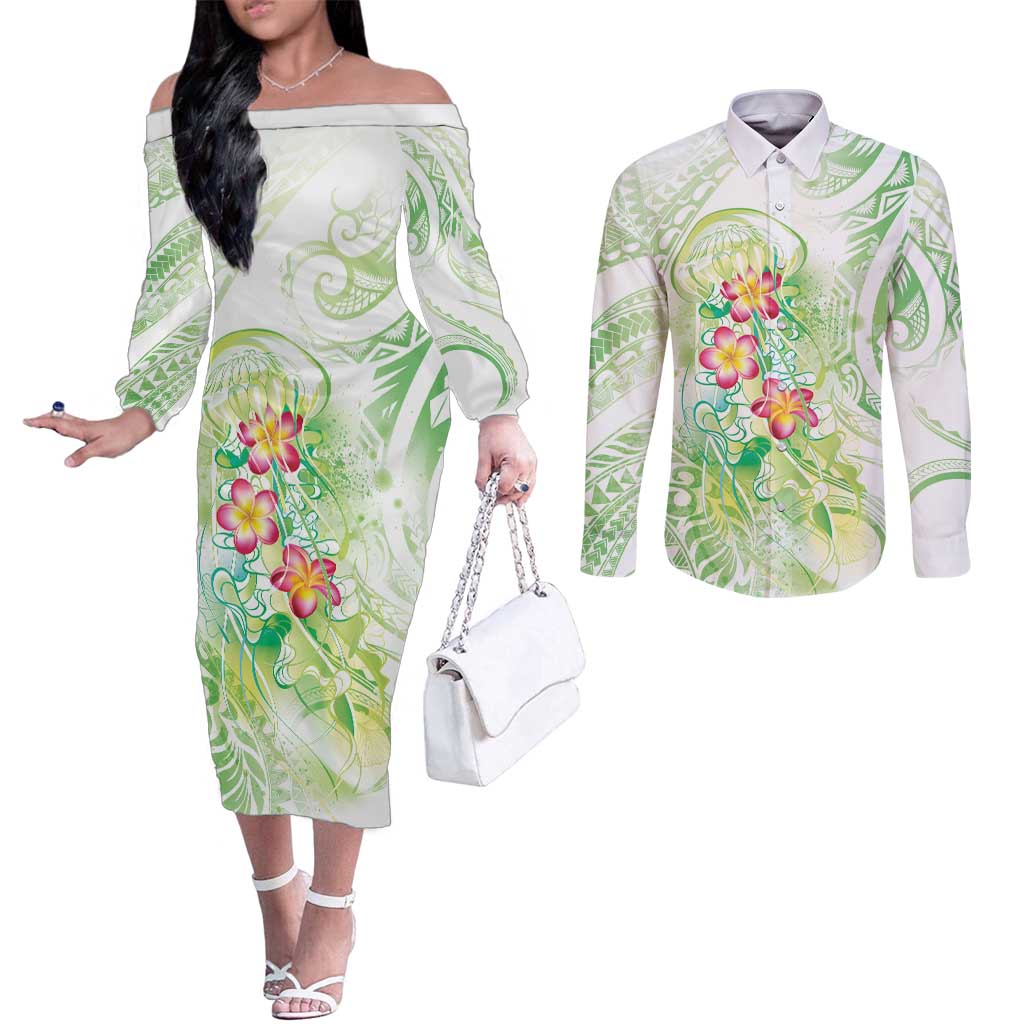 Summer Green Polynesian Jellyfish Couples Matching Off The Shoulder Long Sleeve Dress and Long Sleeve Button Shirt Watercolor Glows - Polynesian Pride