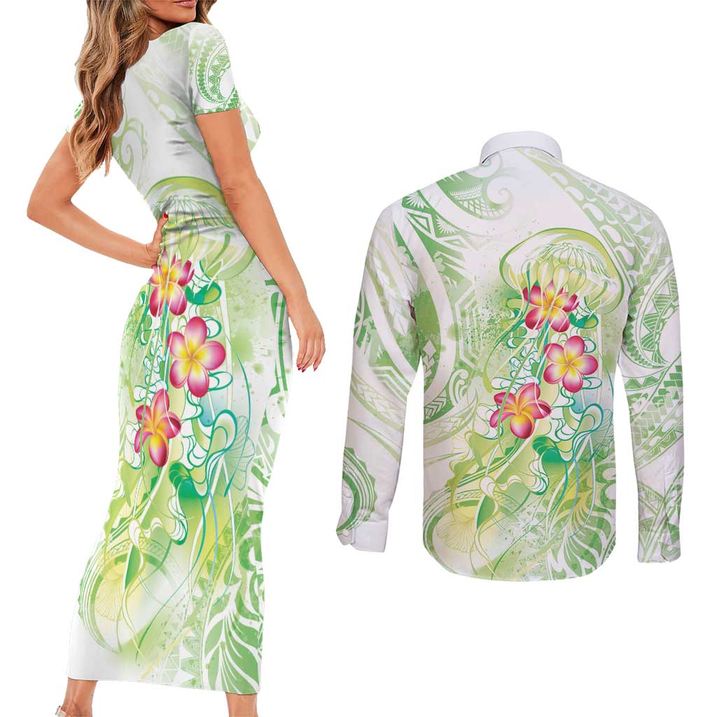 Summer Green Polynesian Jellyfish Couples Matching Short Sleeve Bodycon Dress and Long Sleeve Button Shirt Watercolor Glows - Polynesian Pride