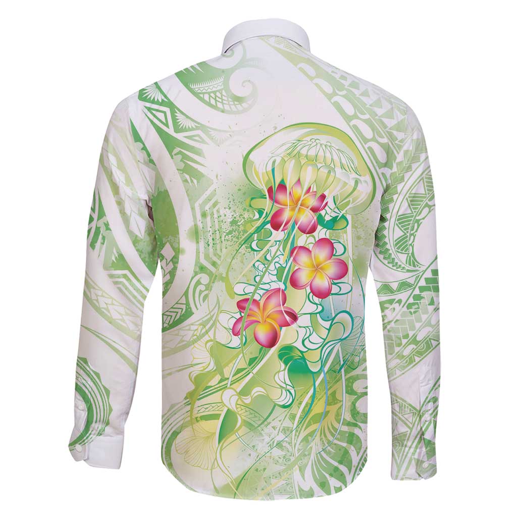 Summer Green Polynesian Jellyfish Family Matching Long Sleeve Bodycon Dress and Hawaiian Shirt Watercolor Glows LT7 - Polynesian Pride