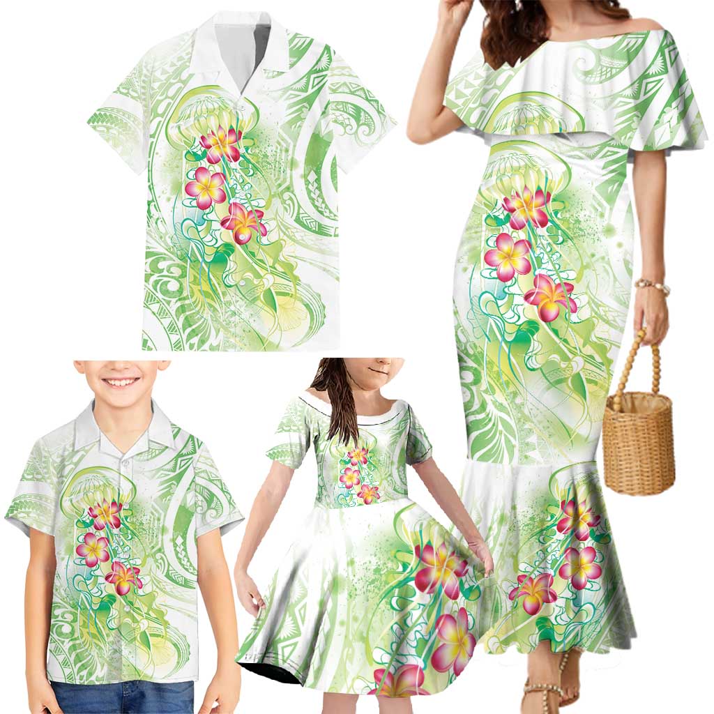 Summer Green Polynesian Jellyfish Family Matching Mermaid Dress and Hawaiian Shirt Watercolor Glows - Polynesian Pride