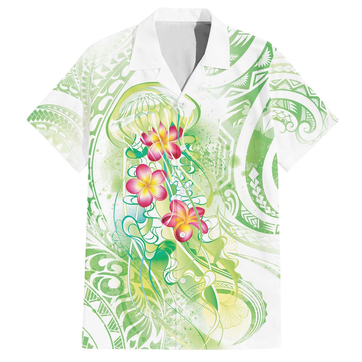 Summer Green Polynesian Jellyfish Family Matching Off The Shoulder Long Sleeve Dress and Hawaiian Shirt Watercolor Glows - Polynesian Pride