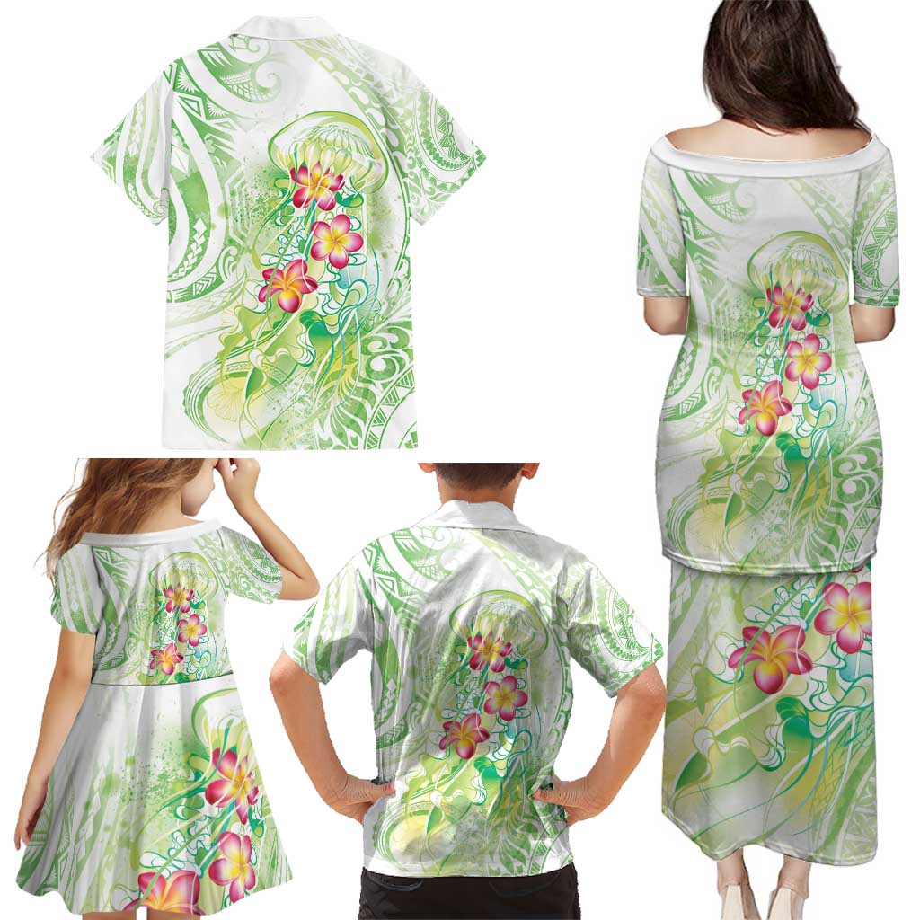 Summer Green Polynesian Jellyfish Family Matching Puletasi and Hawaiian Shirt Watercolor Glows - Polynesian Pride