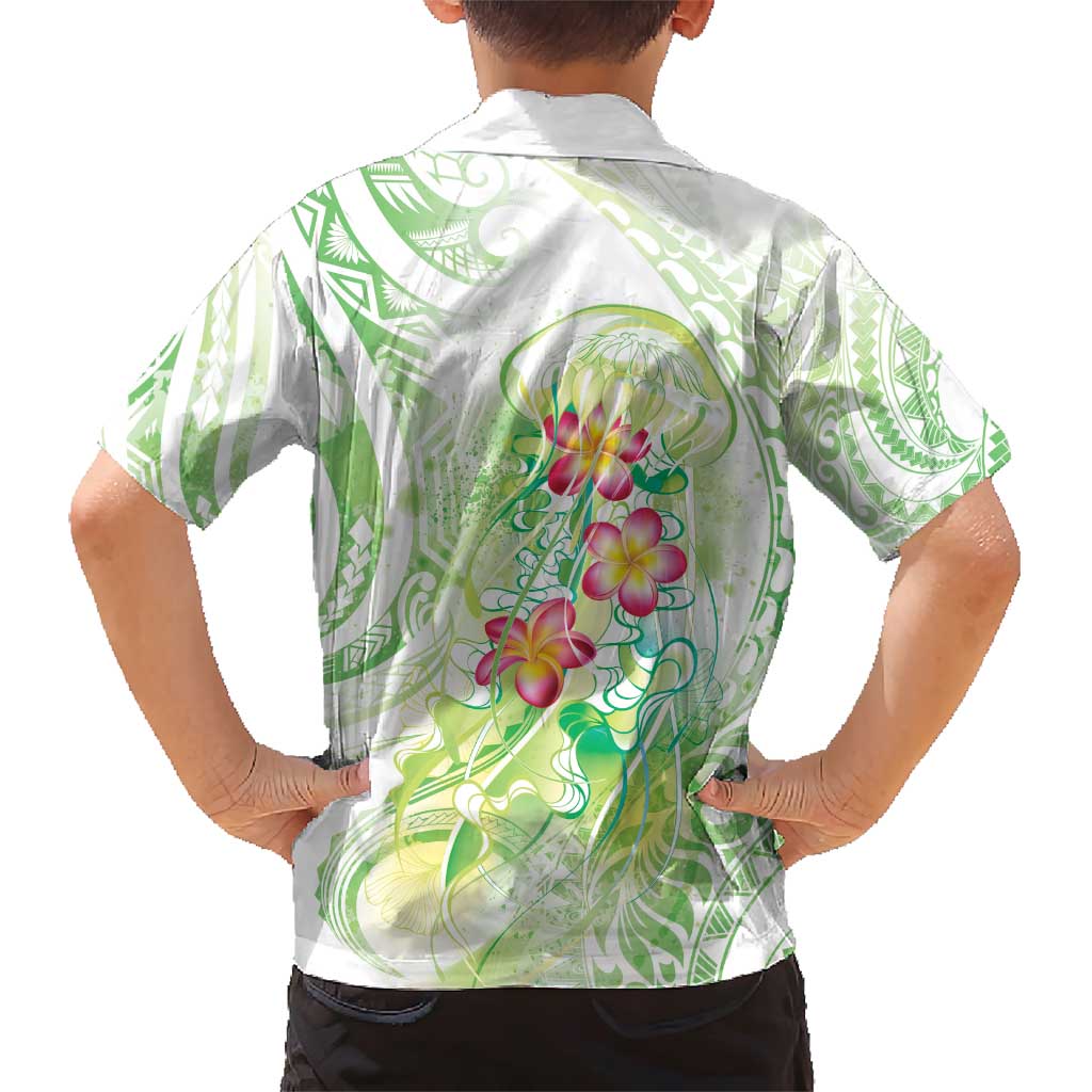 Summer Green Polynesian Jellyfish Family Matching Short Sleeve Bodycon Dress and Hawaiian Shirt Watercolor Glows LT7 - Polynesian Pride