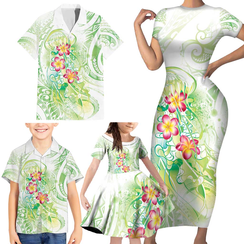 Summer Green Polynesian Jellyfish Family Matching Short Sleeve Bodycon Dress and Hawaiian Shirt Watercolor Glows - Polynesian Pride