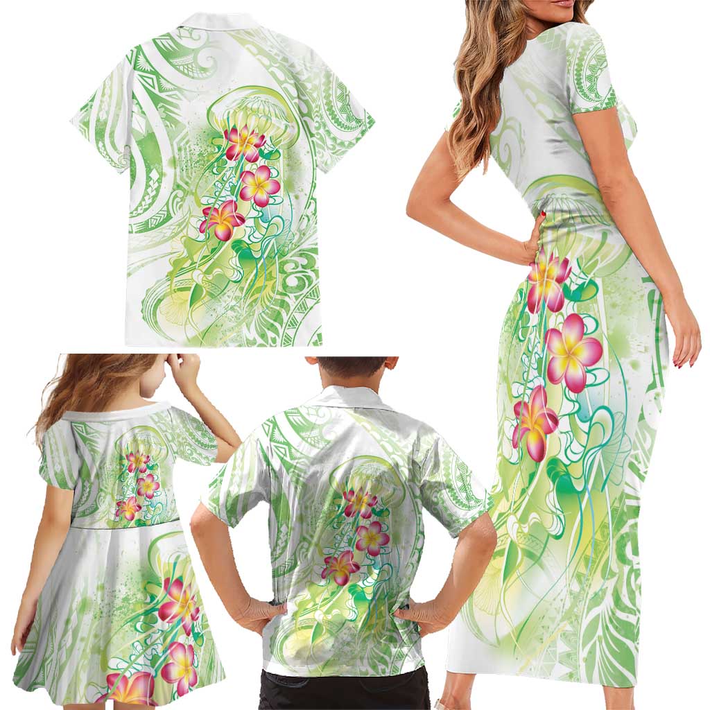 Summer Green Polynesian Jellyfish Family Matching Short Sleeve Bodycon Dress and Hawaiian Shirt Watercolor Glows LT7 - Polynesian Pride
