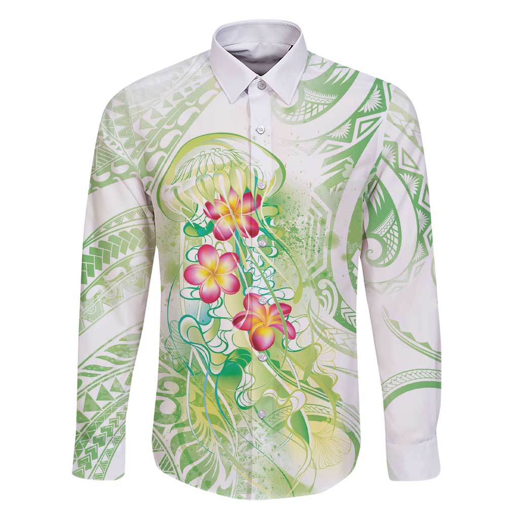 Summer Green Polynesian Jellyfish Family Matching Short Sleeve Bodycon Dress and Hawaiian Shirt Watercolor Glows LT7 Dad's Shirt - Long Sleeve Light Green - Polynesian Pride