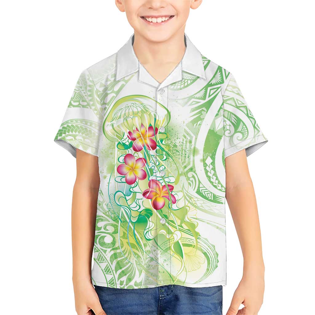 Summer Green Polynesian Jellyfish Family Matching Short Sleeve Bodycon Dress and Hawaiian Shirt Watercolor Glows LT7 Son's Shirt Light Green - Polynesian Pride
