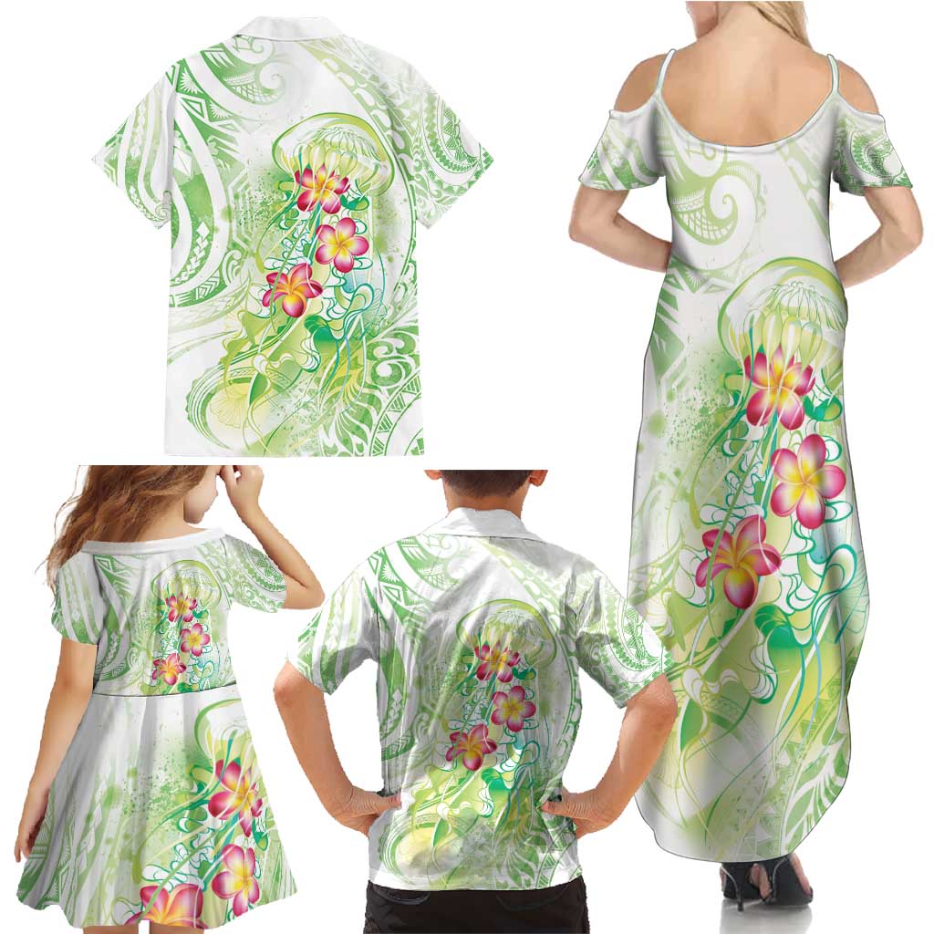 Summer Green Polynesian Jellyfish Family Matching Summer Maxi Dress and Hawaiian Shirt Watercolor Glows - Polynesian Pride