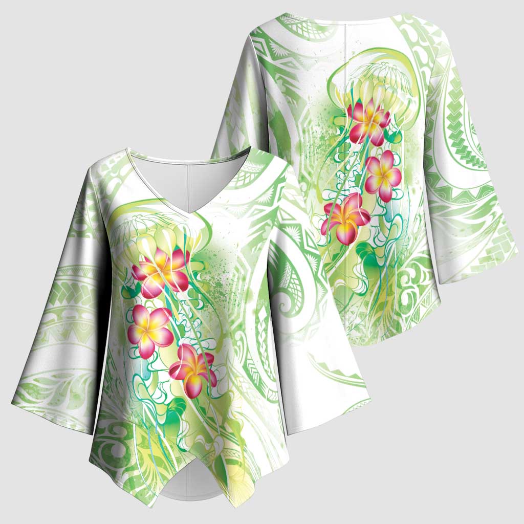 Summer Green Polynesian Jellyfish Kimono Sleeve Blouse Watercolor Glows - Polynesian Pride